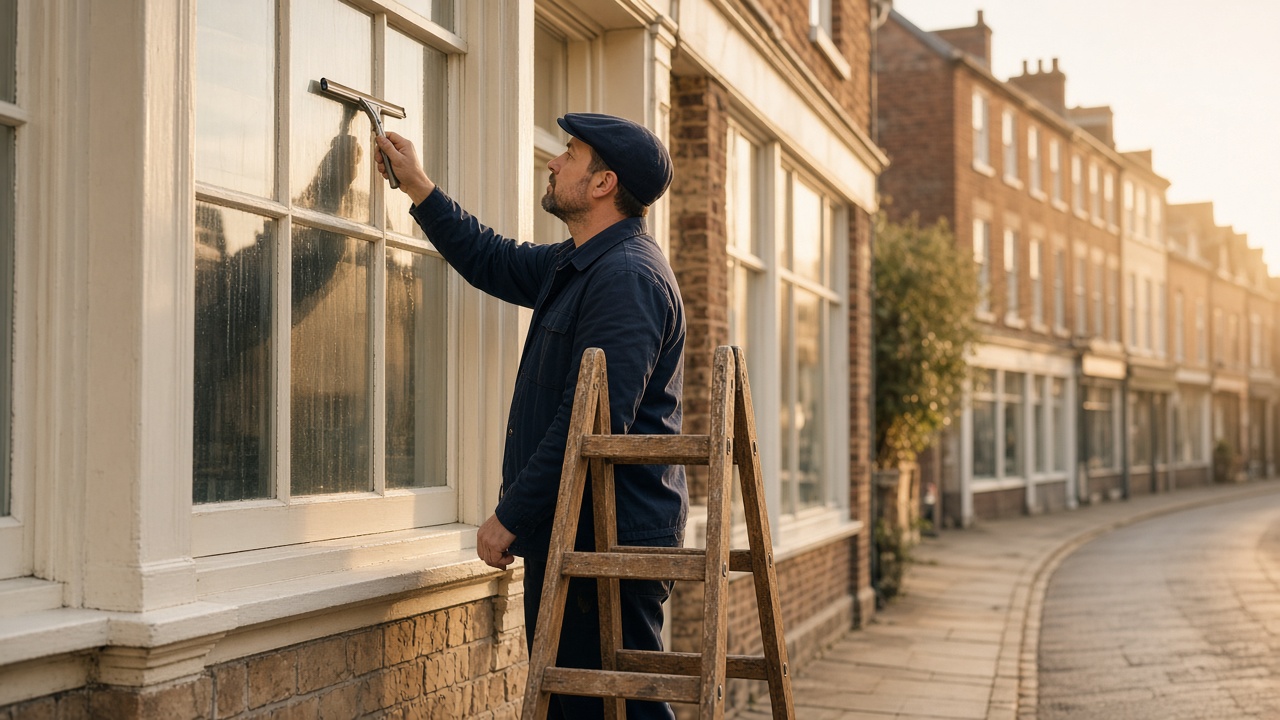 A window cleaner finishing the glass of a shop.
