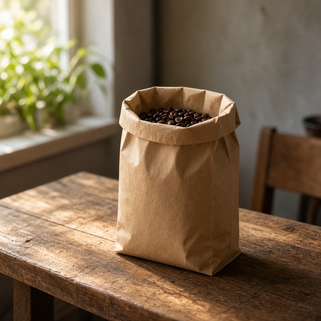 A bag of coffee on a wooden counter.