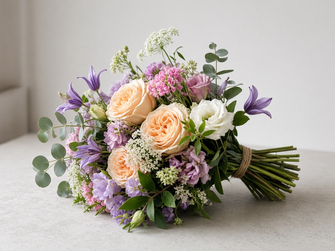 Freshly tied bouquet on the bench.