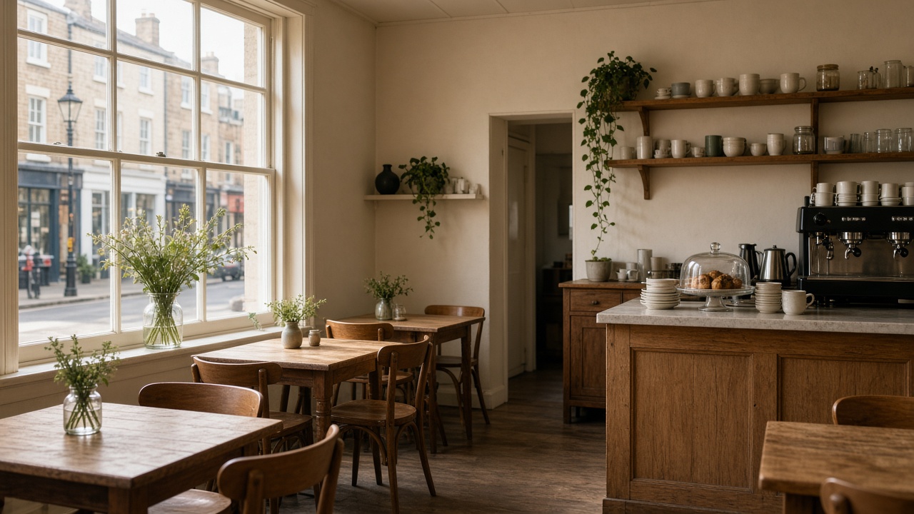 A warm independent cafe room in morning light.
