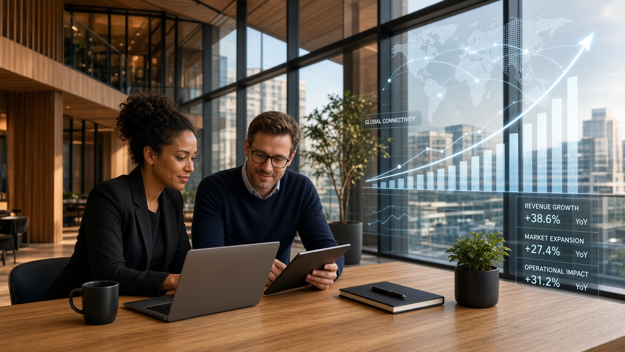 Modern business leaders collaborating with digital metrics and growth trajectory.